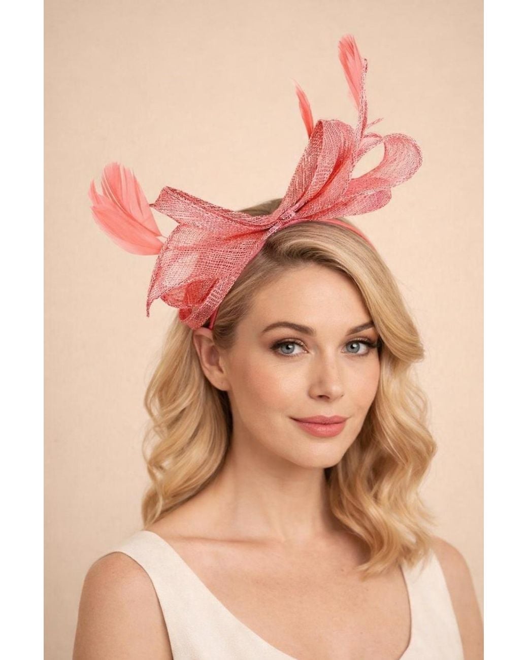 SVNX Pink Bow Shaped Fascinator With Sinamay Curls & Feathers
