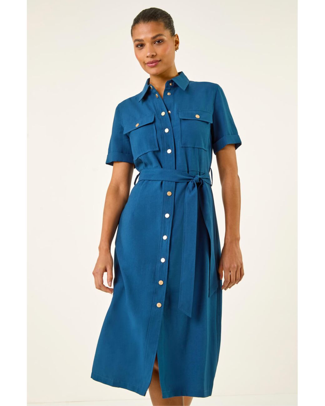 Roman Blue Button Belted Collared Shirt Dress