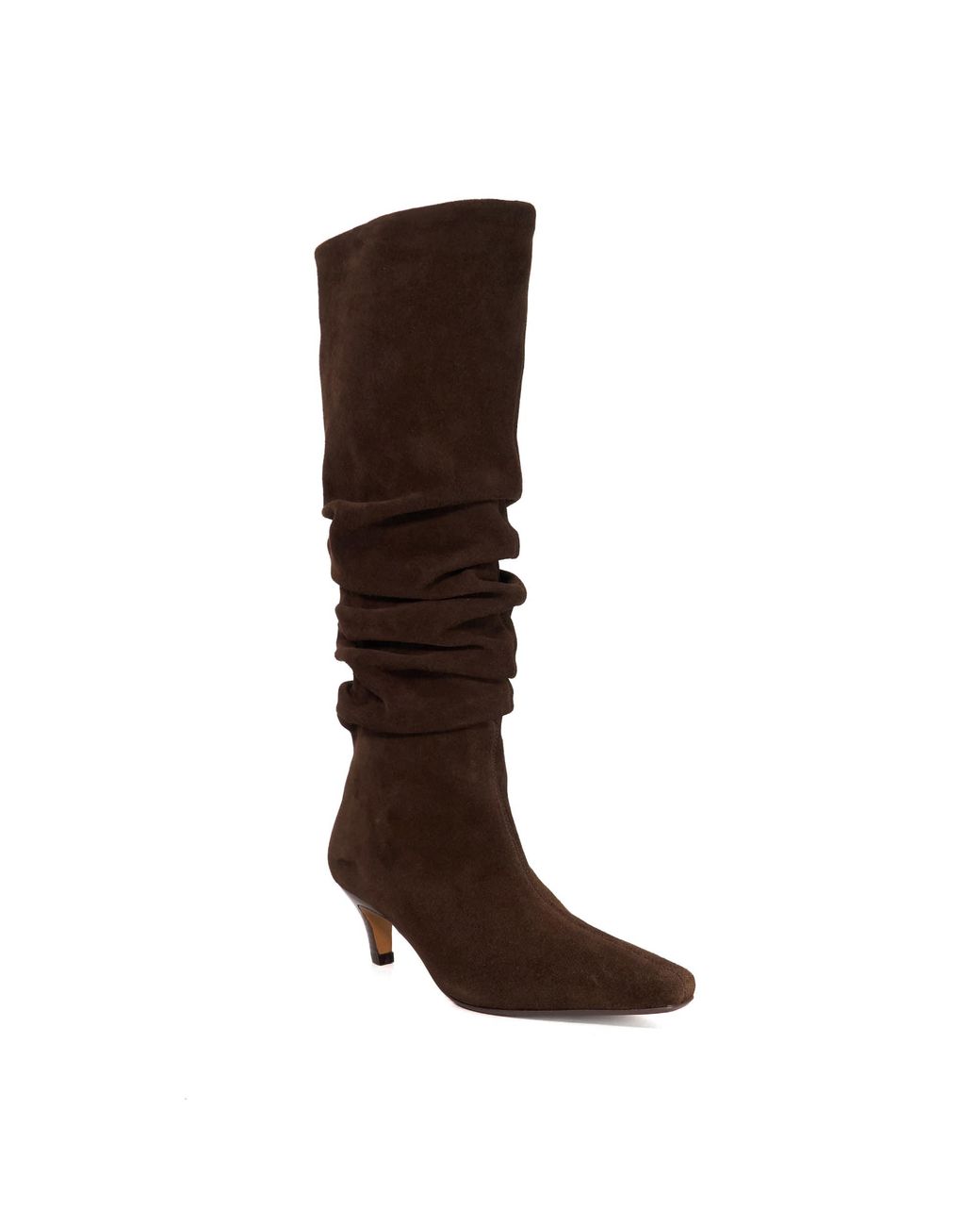 Dune Brown Saunders Ruched Suede Knee High Comma Heel Boots