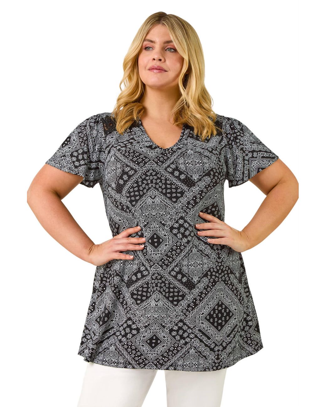 Roman Gray Curve Patchwork Print Lace Top