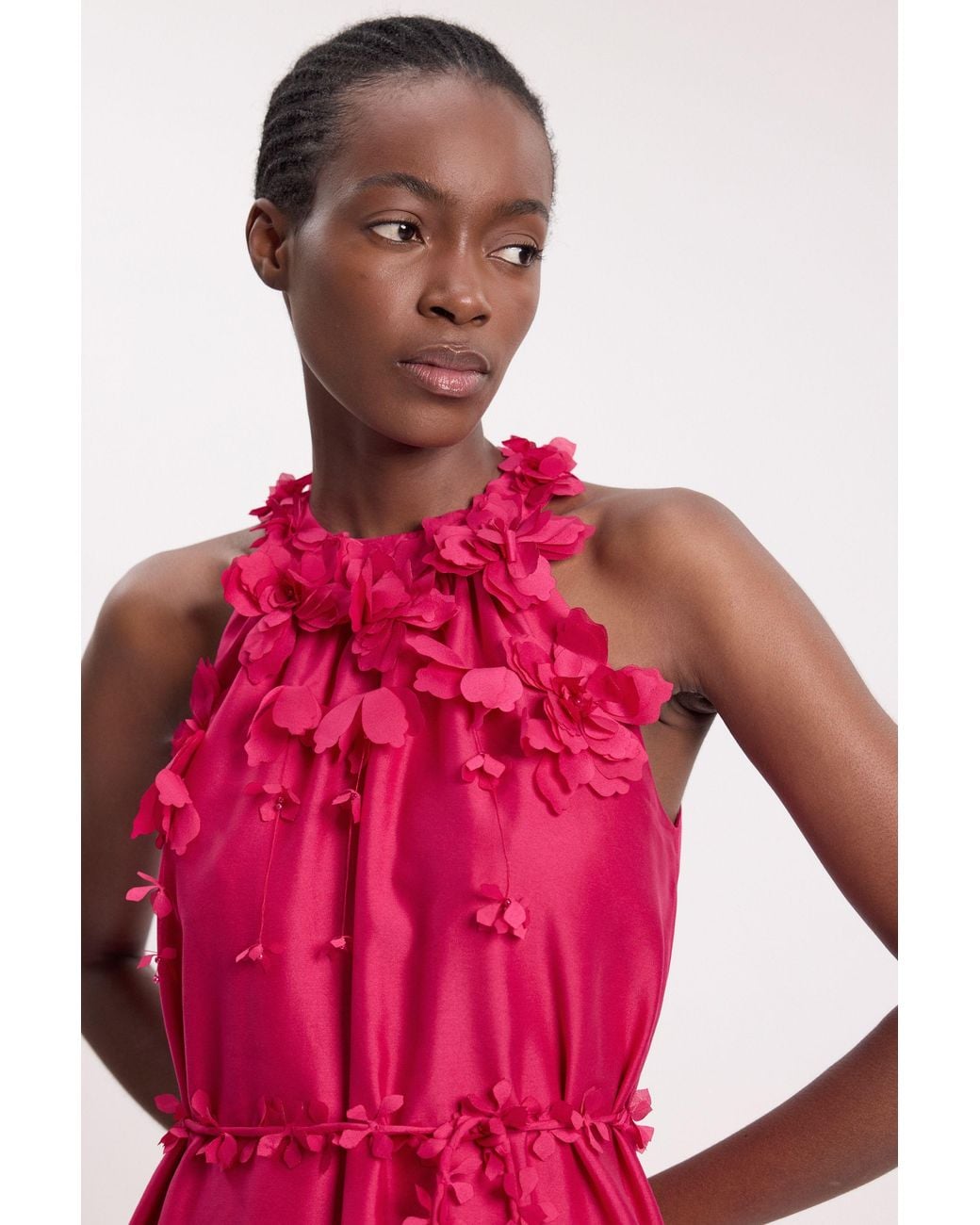 Karen Millen Pink Floral Applique Woven Halter Tier Maxi Dress