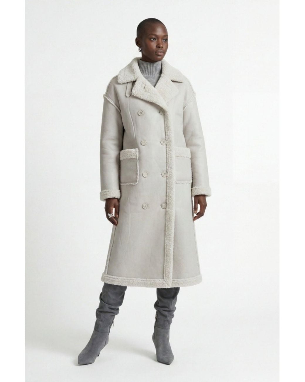 Elle Gray Morgan Double-Breasted Faux-Shearling Coat