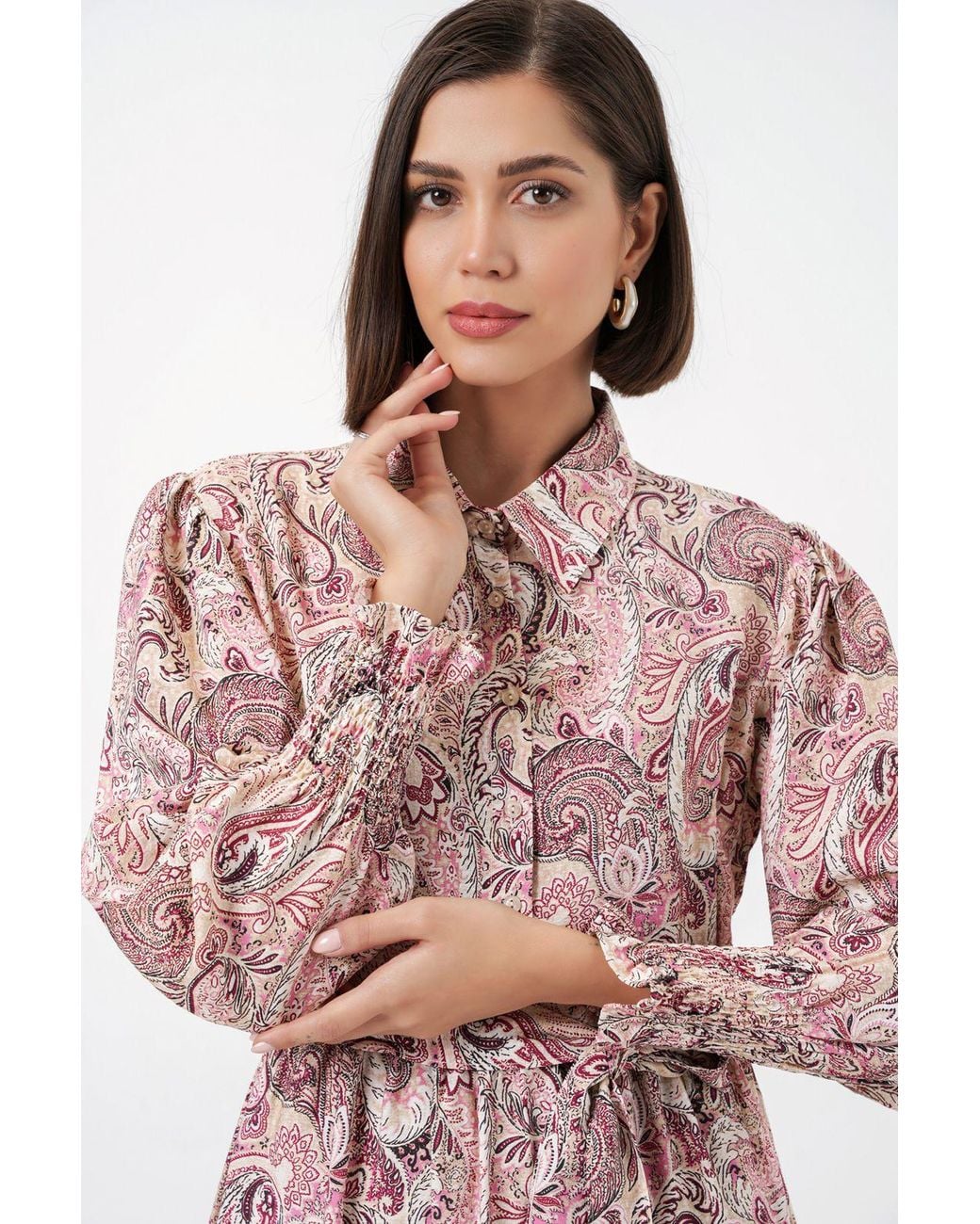 Bigdart Pink Paisley Belted Midi Shirt Dress