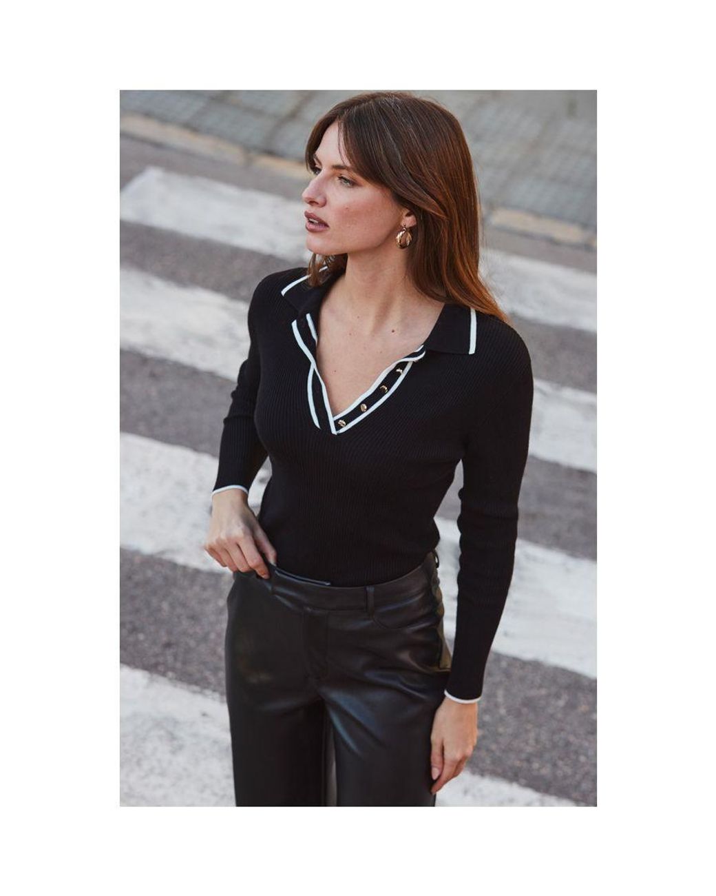 Sosandar Black Contrast Trim Fine Knit Collared Jumper