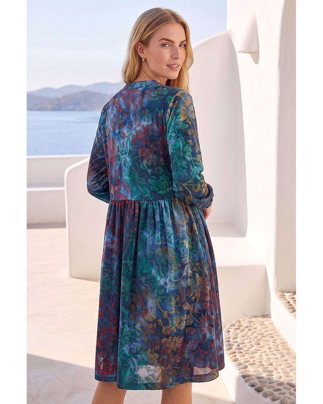 Roman Blue Textured Leaf Print Shirt Dress