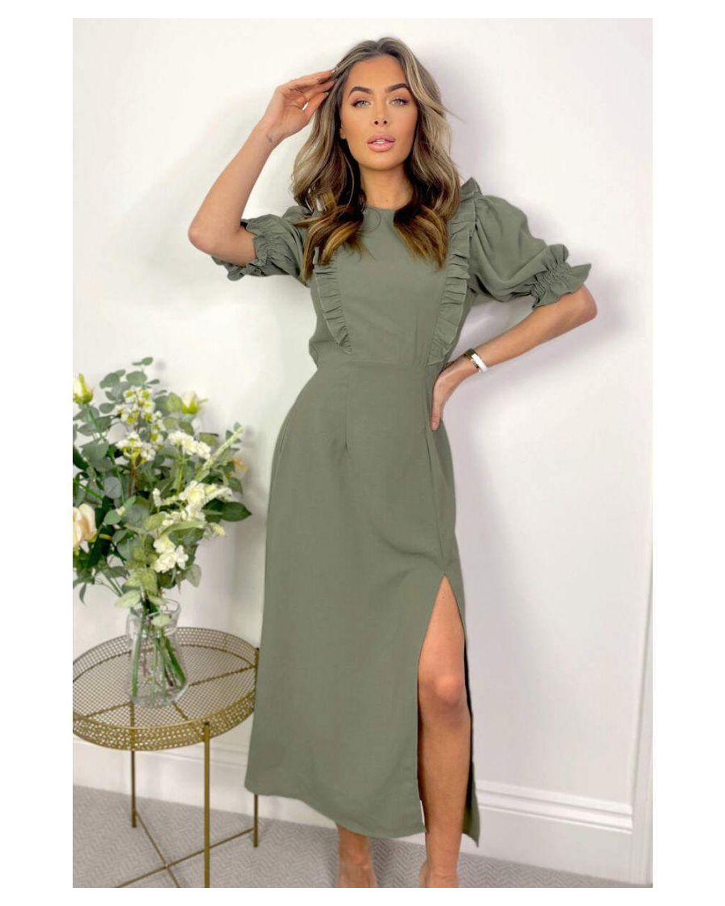 AX Paris Ruffle Split Leg Midi Dress in Green Lyst UK