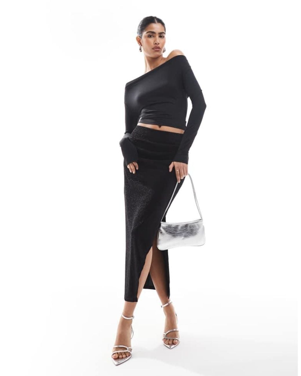 Object Blue Stretch Glitter Midi Skirt