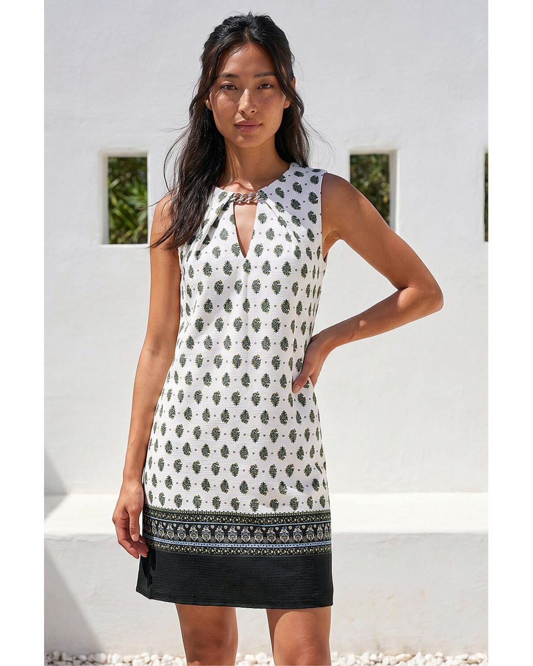 Roman White Petite Border Print Dress