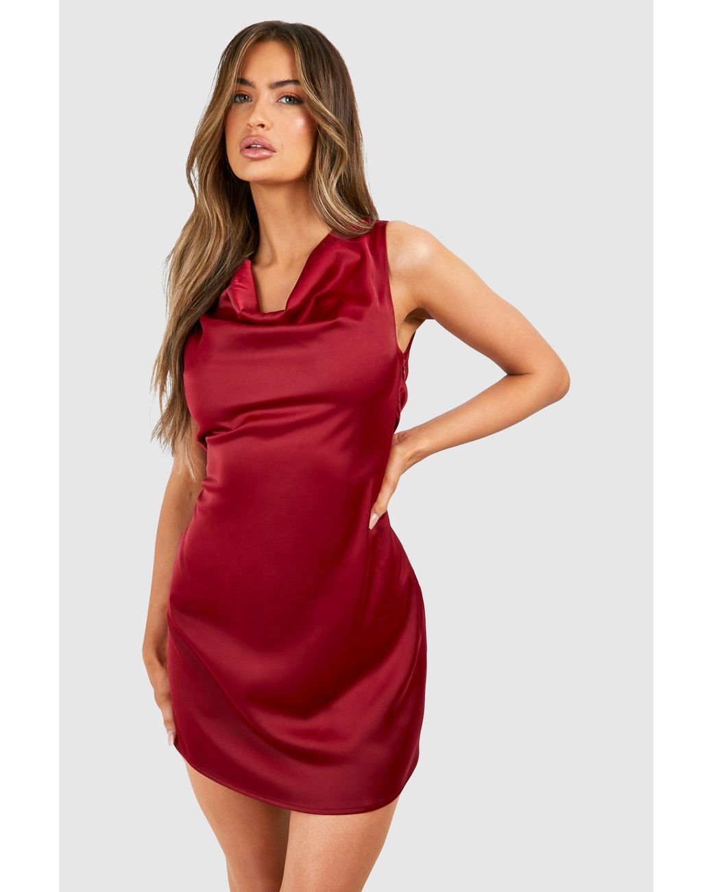 Boohoo Red Satin Cowl Mini Dress