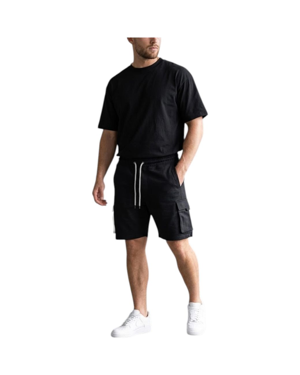 Weekend Offender Black Cargo Shorts Elasticated Summer Loopback Fleece Barmuda for men