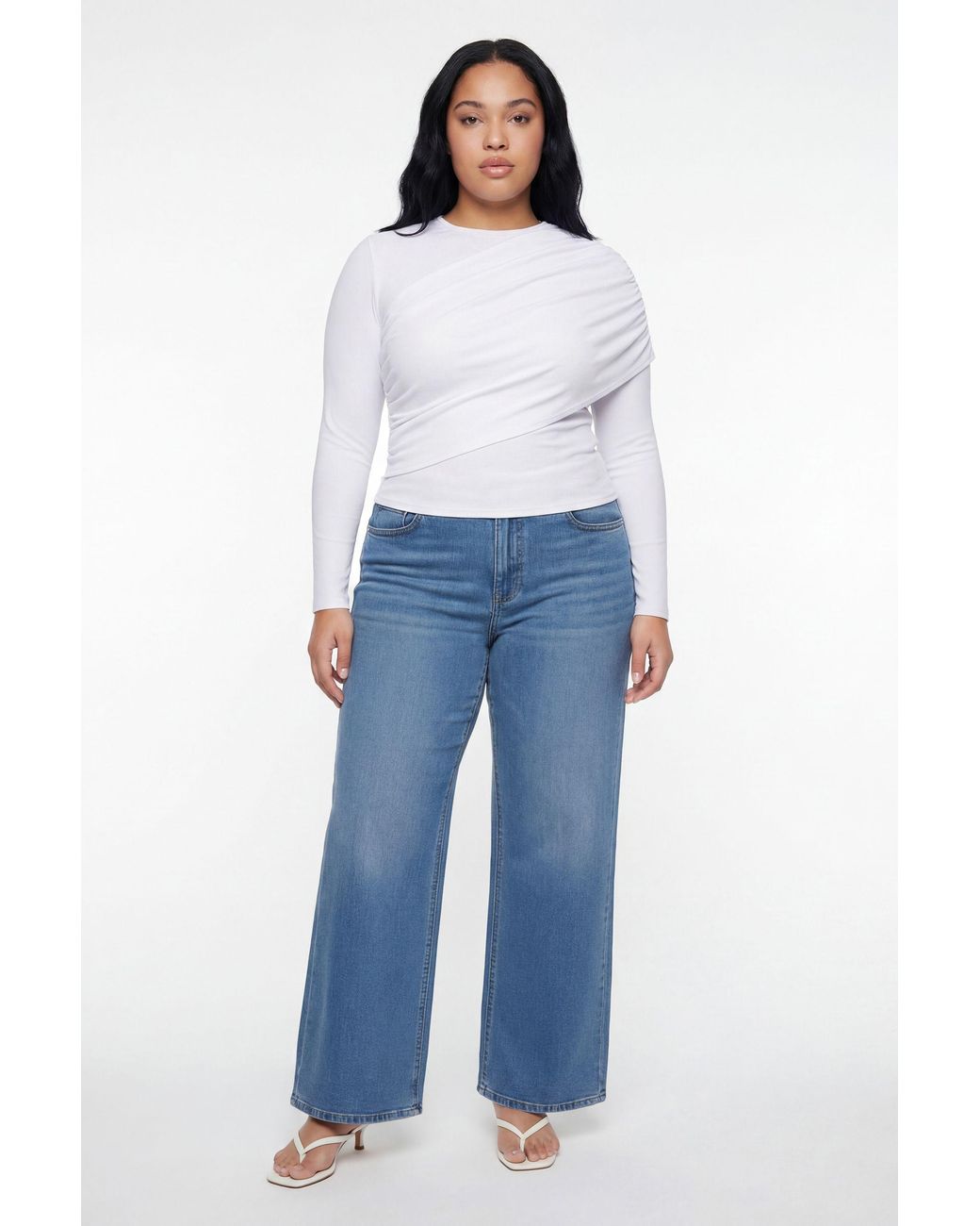Boohoo Blue Plus Ribbed Draped Front Long Sleeve Top