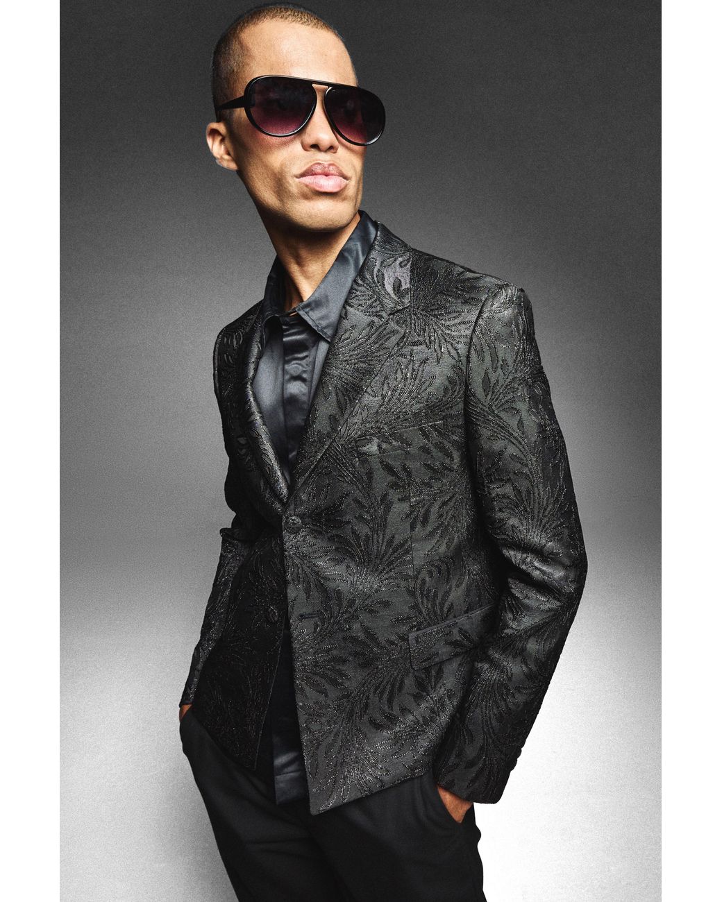 BoohooMAN Gray Oversized Boxy Jacquard Floral Blazer for men