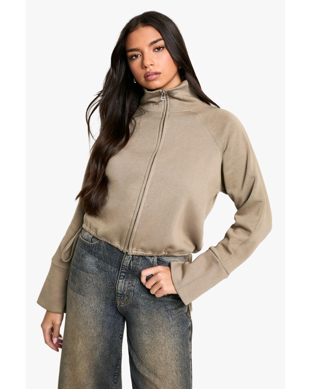 Boohoo Natural Funnel Neck Zip Through Oversized Boxy Sweat