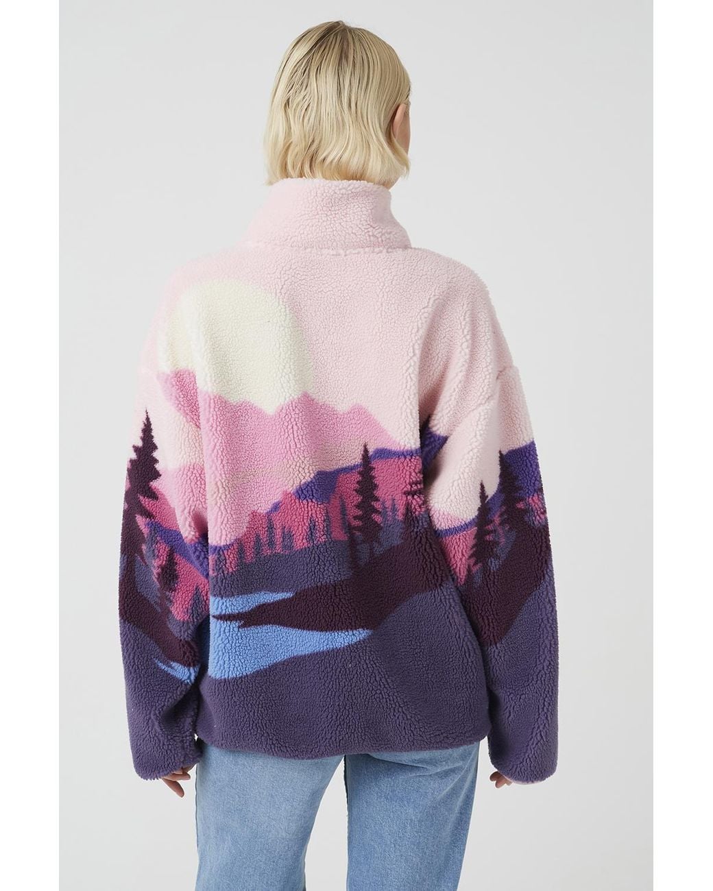 Brave Soul Pink Sherpa Fleece Landscape Print Zip Sweatshirt