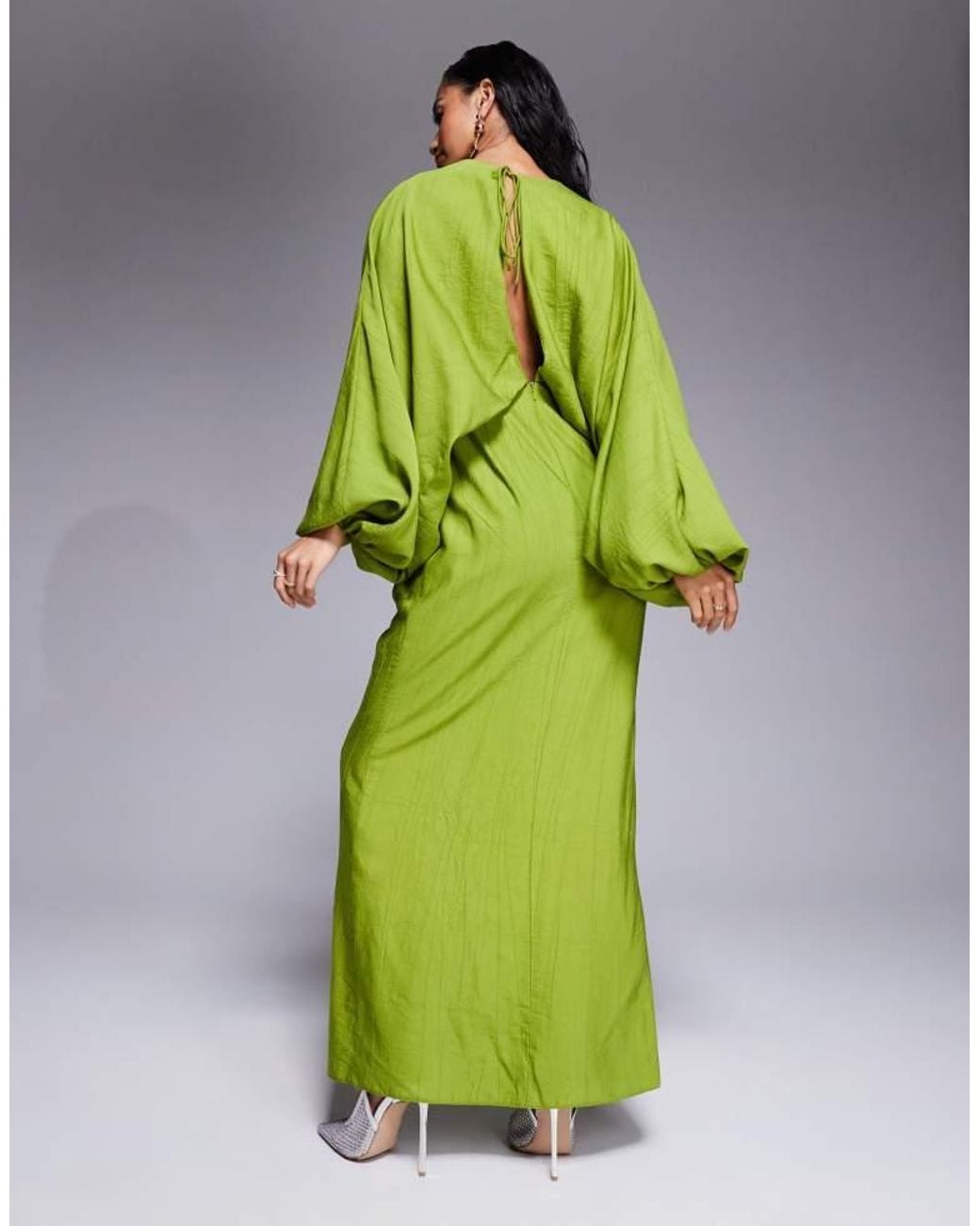 ASOS Green Design Plunge Elasticated Maxi Dress With Blouson Sleeve