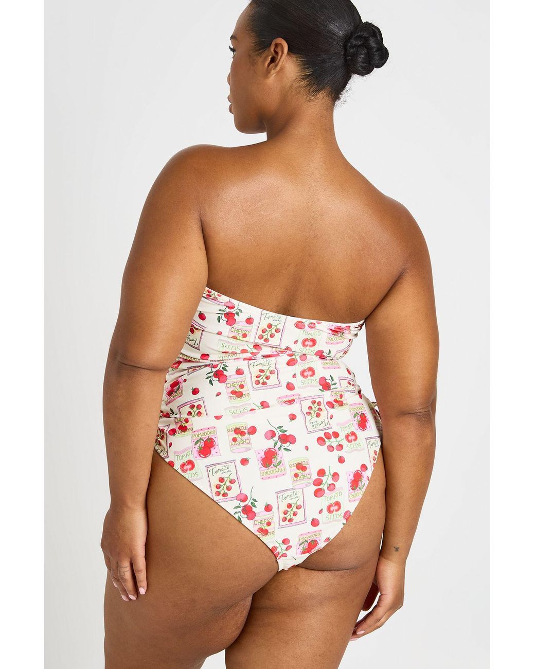 Boohoo Pink Plus Tomato Print Ruched Bandeau Swimsuit