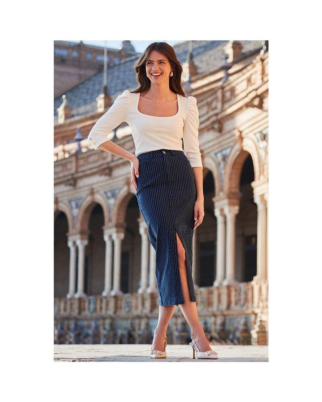Sosandar Blue Ivory Ribbed Ruched Sleeve Jersey Top