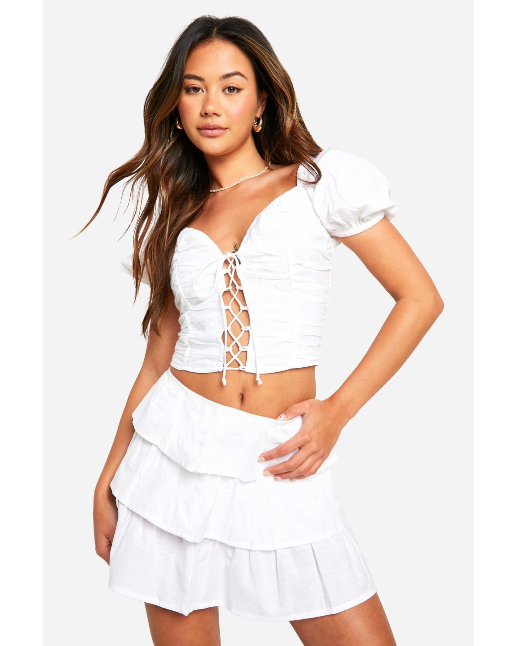 Boohoo White Lace Up Linen Look Corset