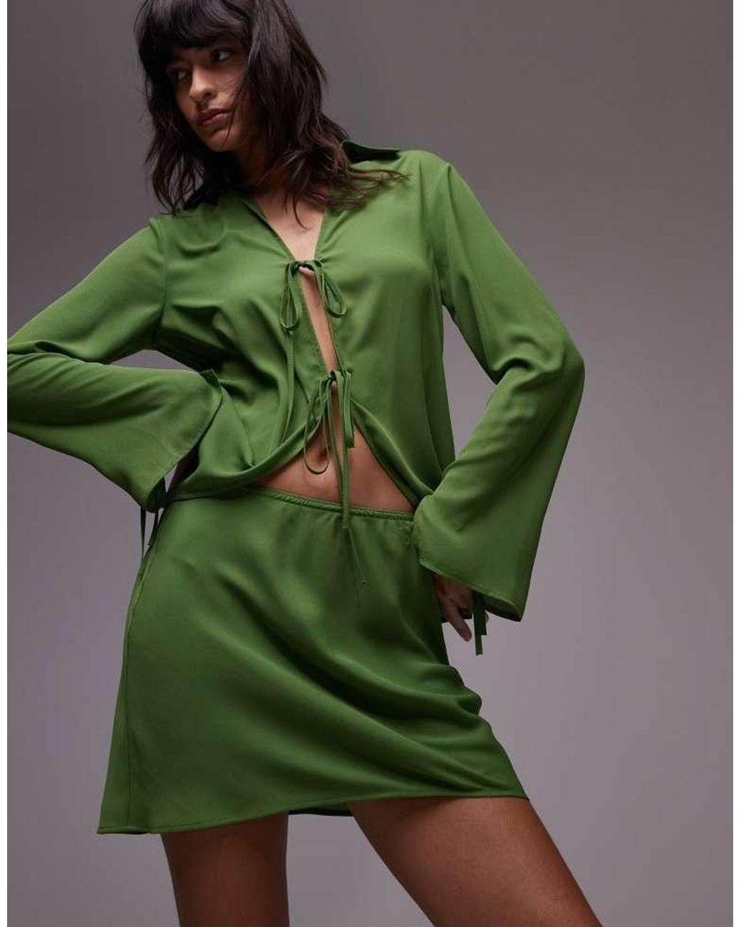 TOPSHOP Green Bias Cut Crepe Mini Skirt