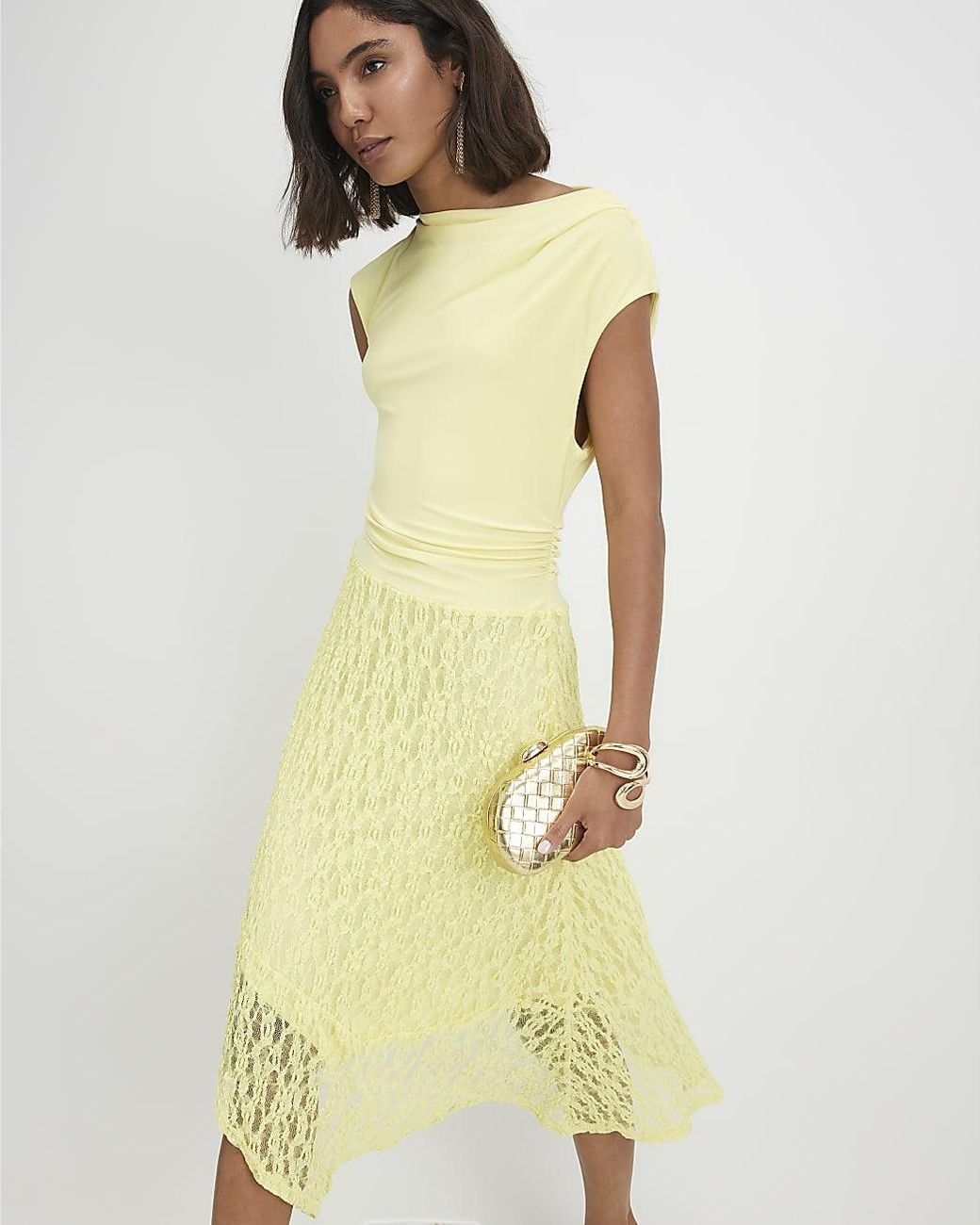 River Island Yellow Drape Midi Dress Hybrid Lace Skirt