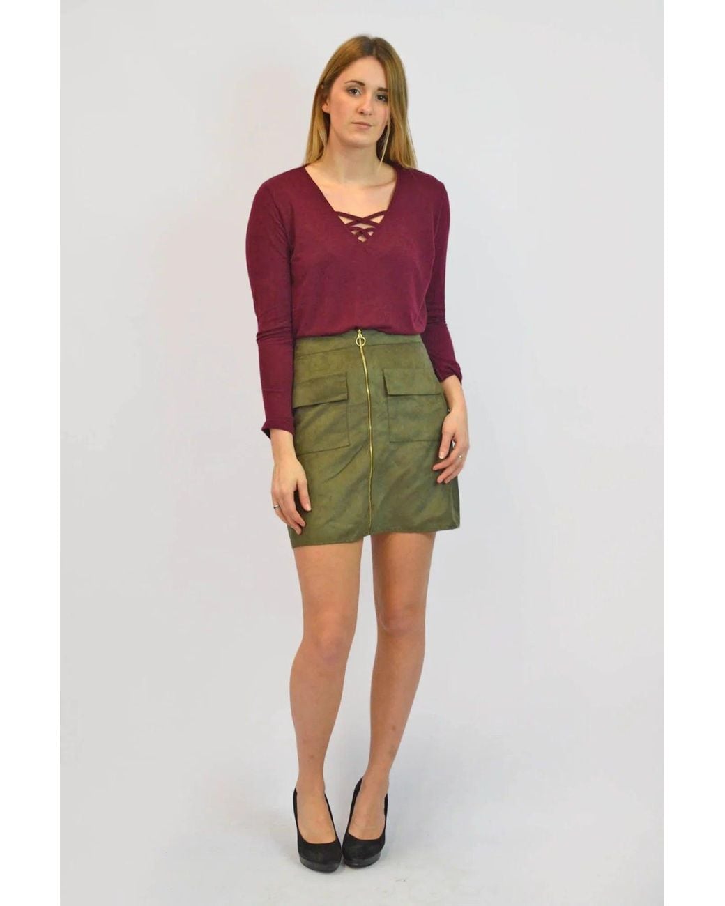 Secret Label Red Faux Suede Zip Front Skirt