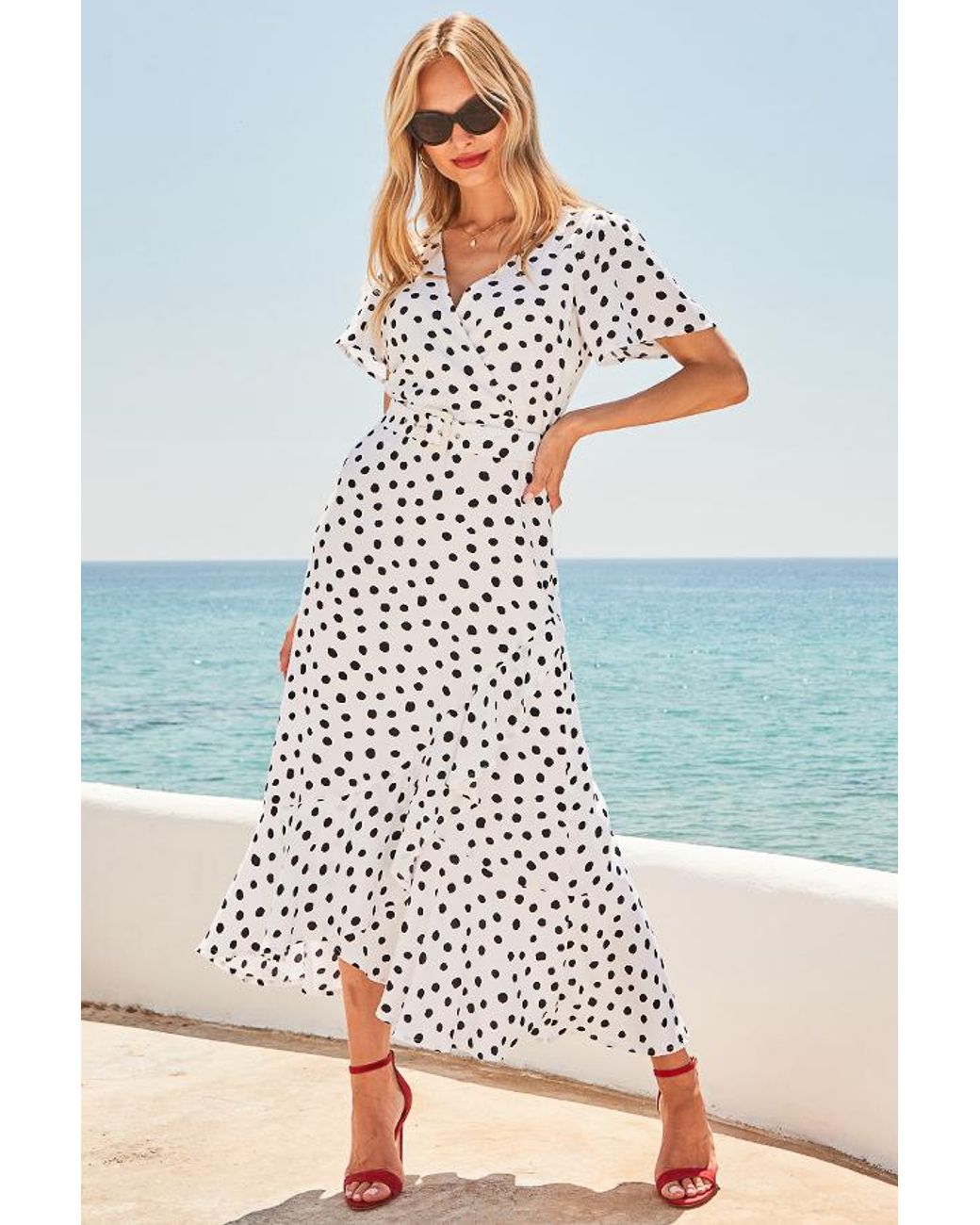 Sosandar White Spot Print Belted Wrap Dress