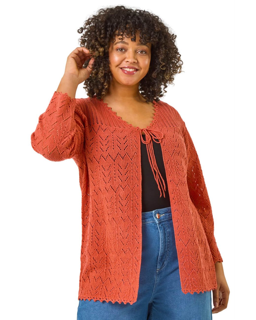 Roman Red Curve Crochet Tie Front Cardigan