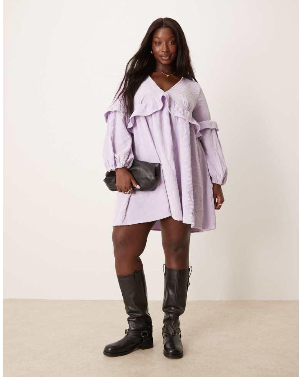 ASOS Purple Design Cord Smock Mini Dress With Frill Detail