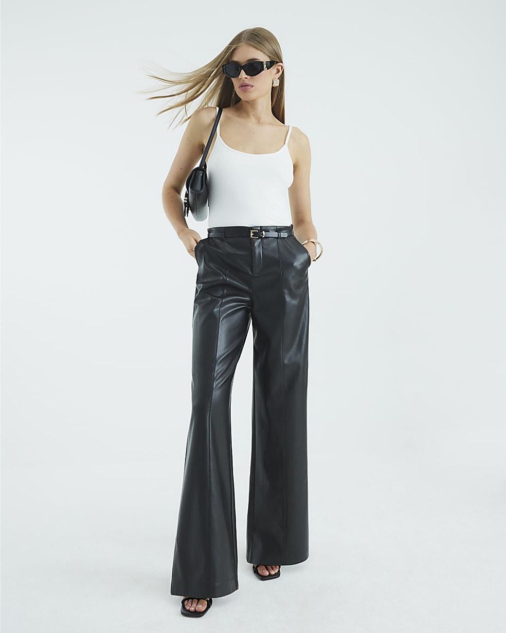 River Island Blue Wide Leg Trousers Faux Leather Belted Pu