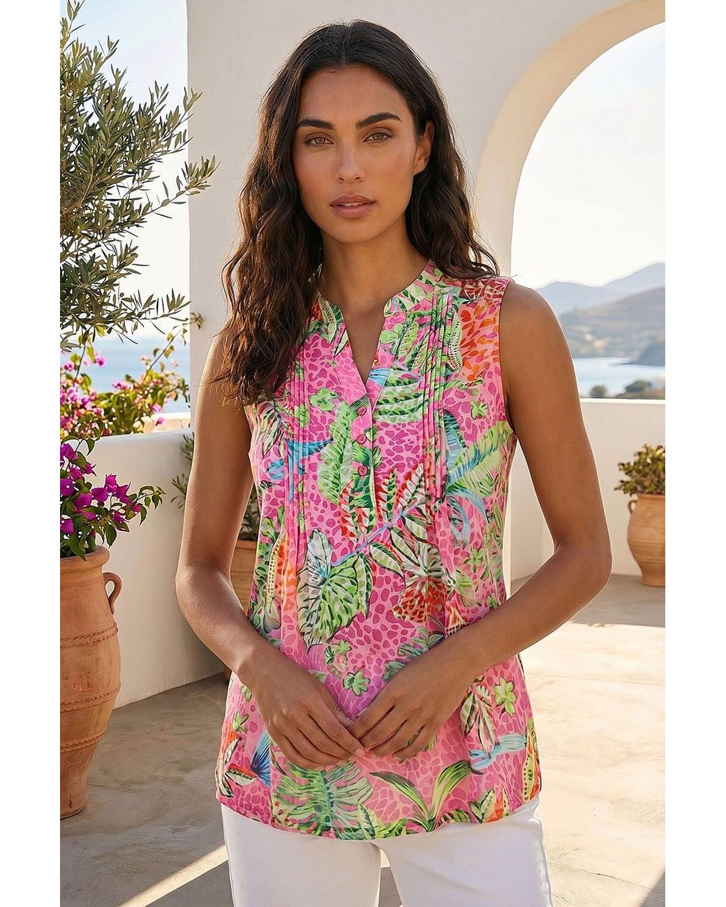 Roman Red Tropical Leaf Print Pintuck Top