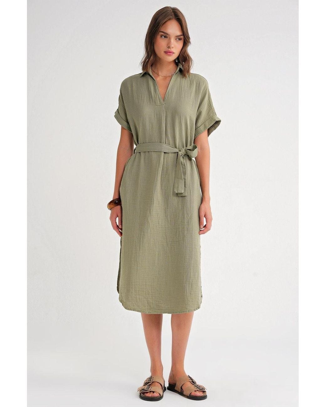 MixRay Green Belted Short-Sleeve Midi Dress
