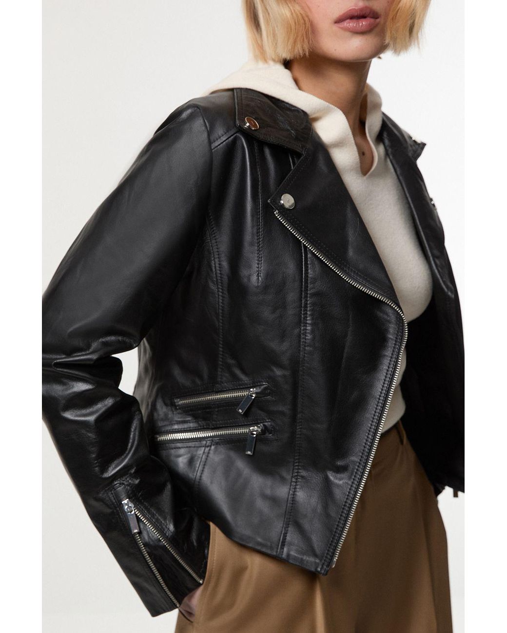 Karen Millen Black Leather Signature Biker Jacket