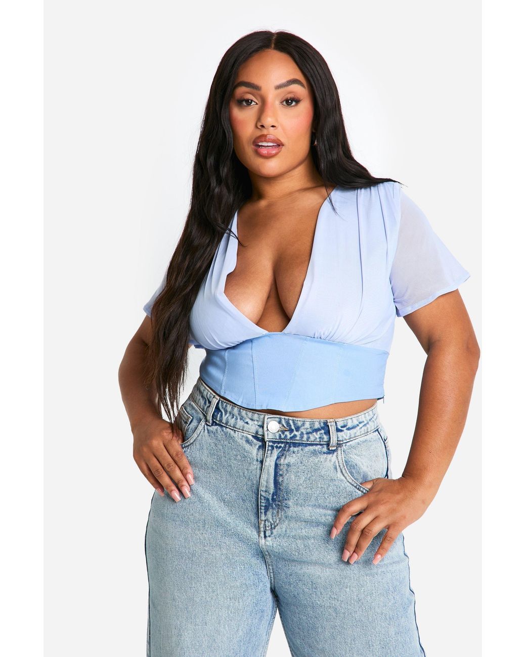 Boohoo Blue Plus Mesh Pleated Corset Top