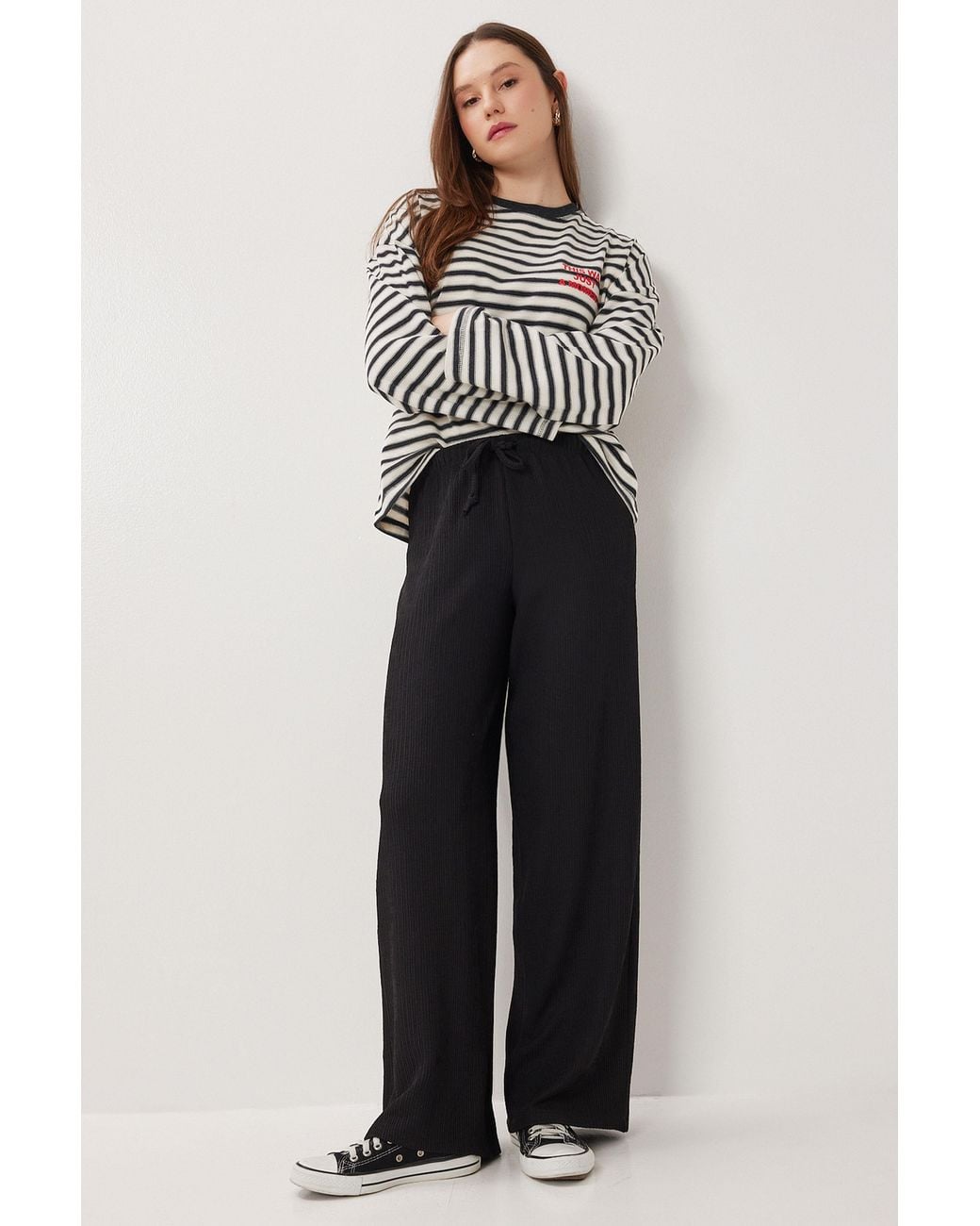 Happiness İstanbul Blue High Waist Textured Wide Leg Pants