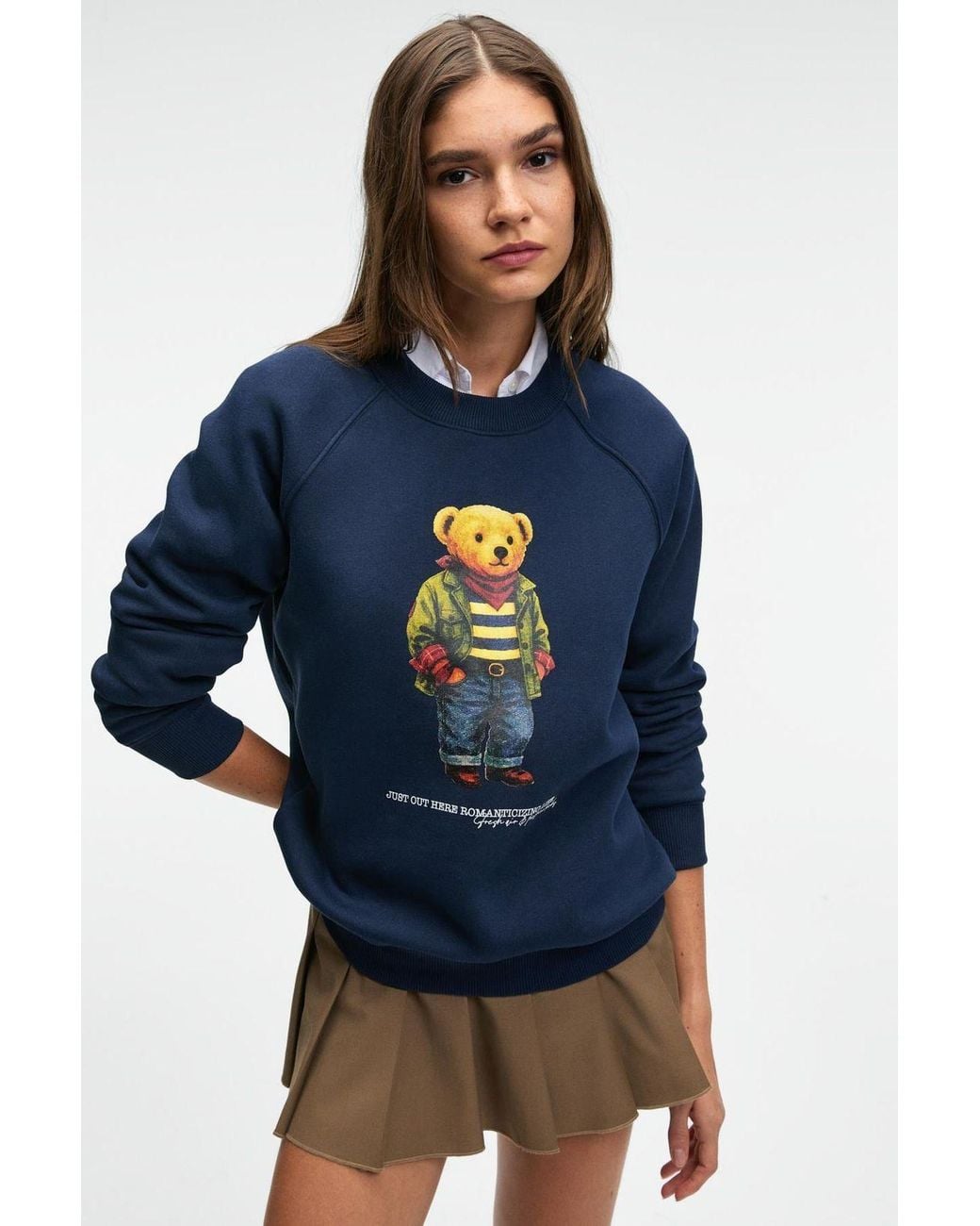 Grimelange Blue Oversized Printed Crew Neck Sweatshirt