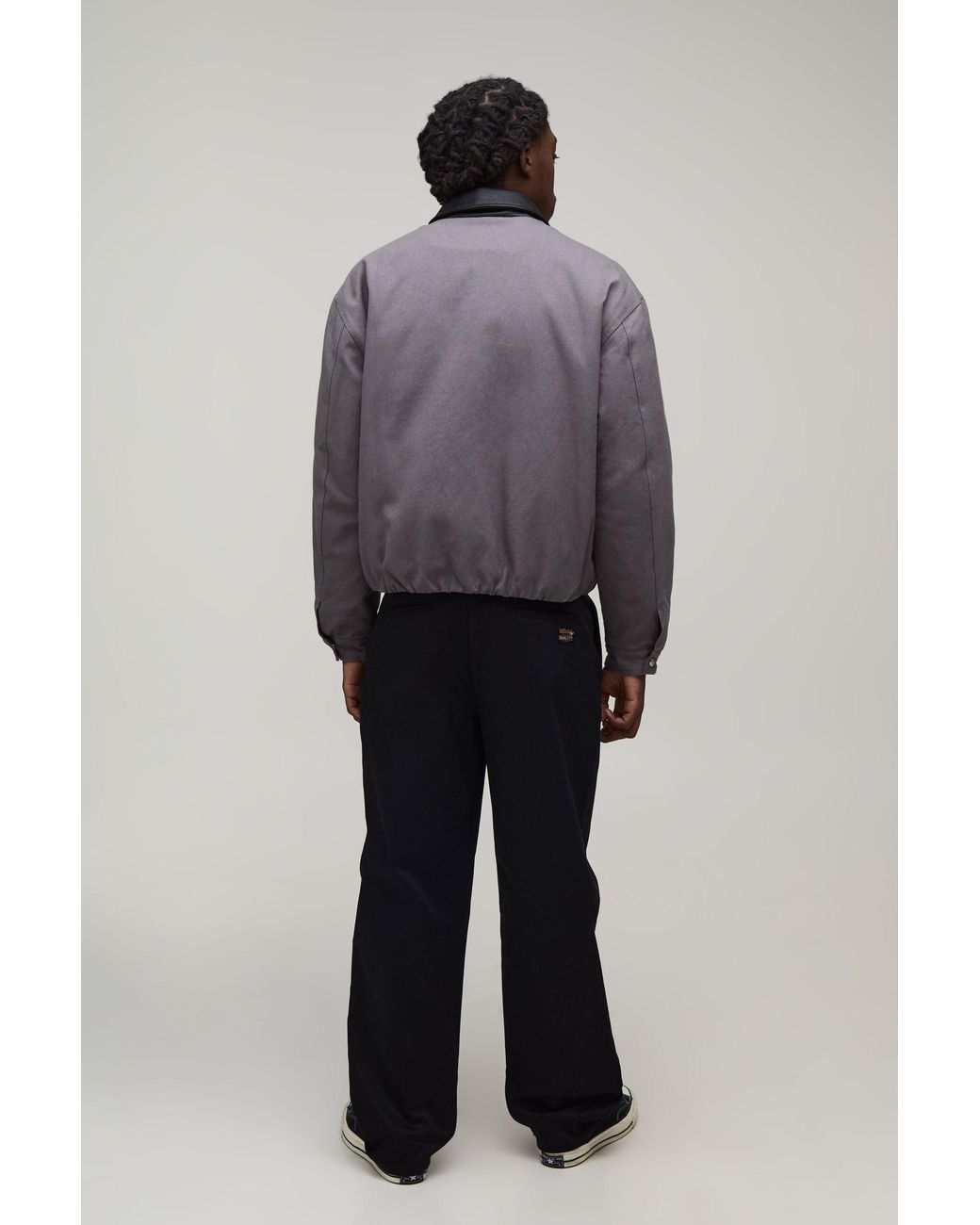 BoohooMAN Gray Oversized Boxy Contrast Pu Collar Twill Worker Jacket for men