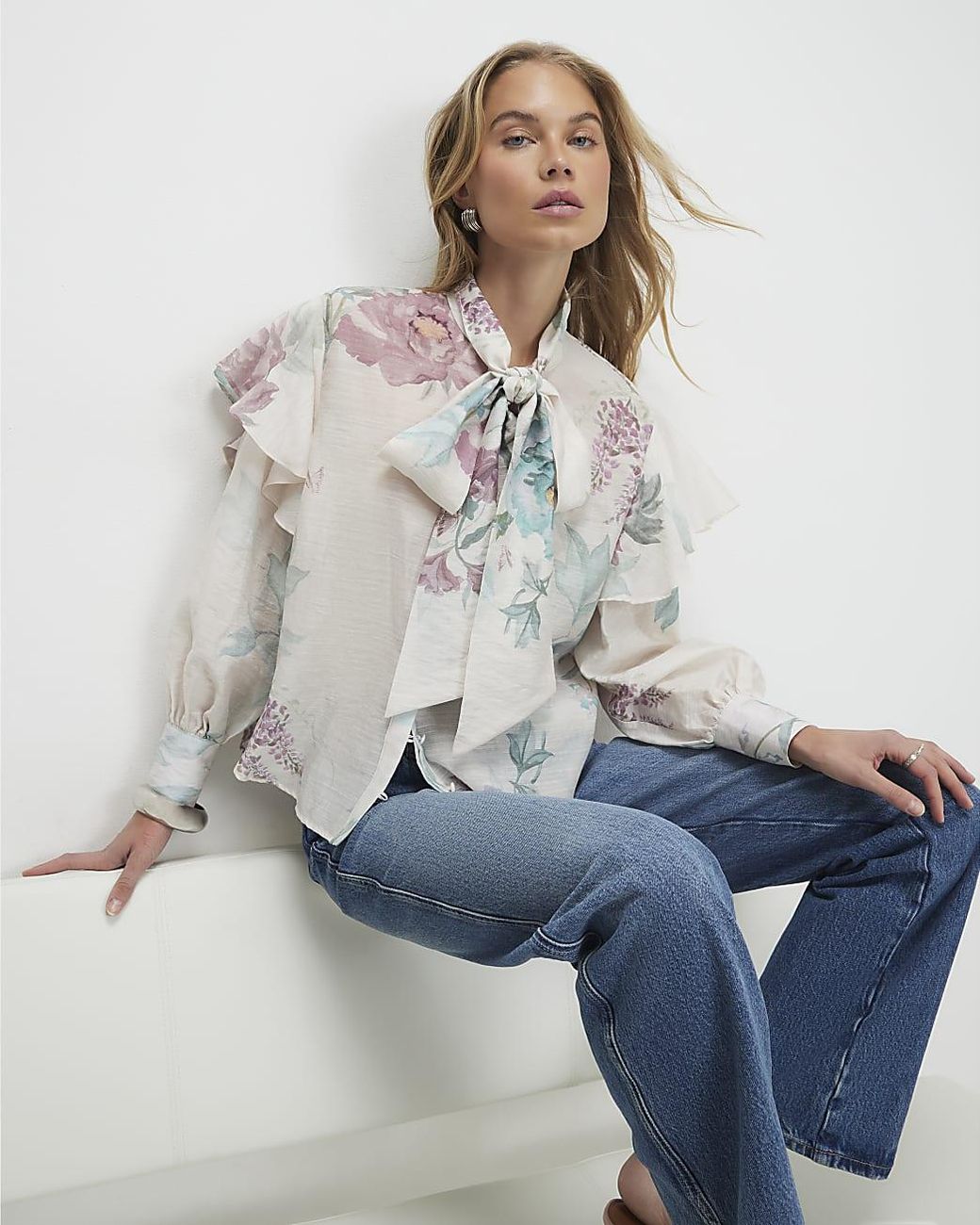 River Island Gray Blouse Floral Pussybow Long Sleeve