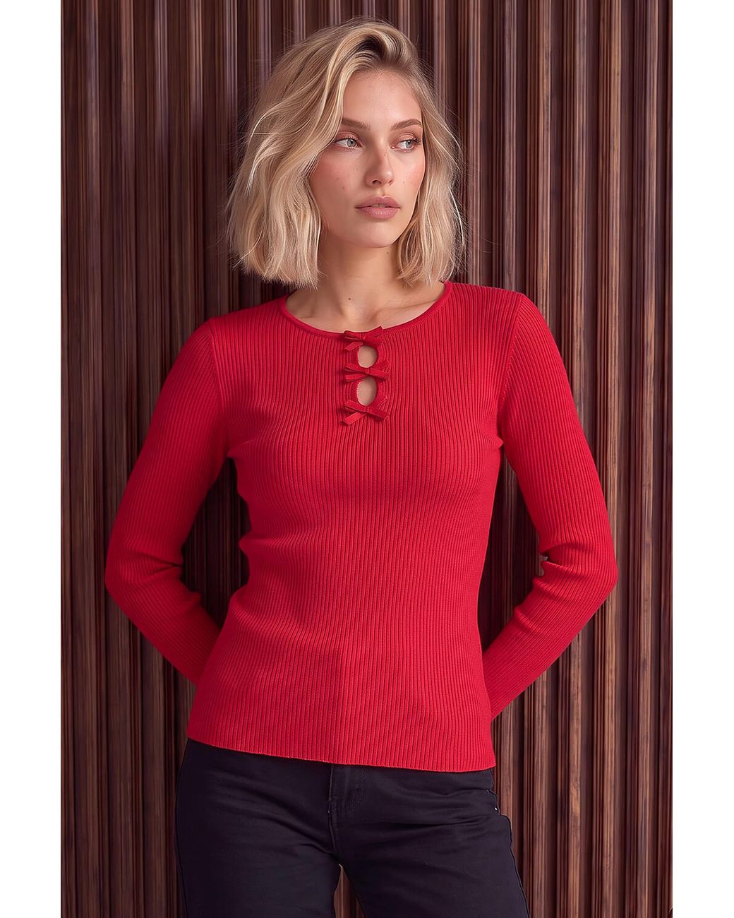 D.u.s.k Red Bow Knit Top