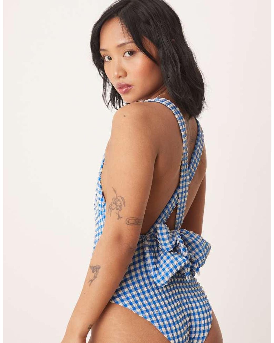 ASOS Blue Design Seersucker Scoop Swimsuit With Giant Bow Back Detail