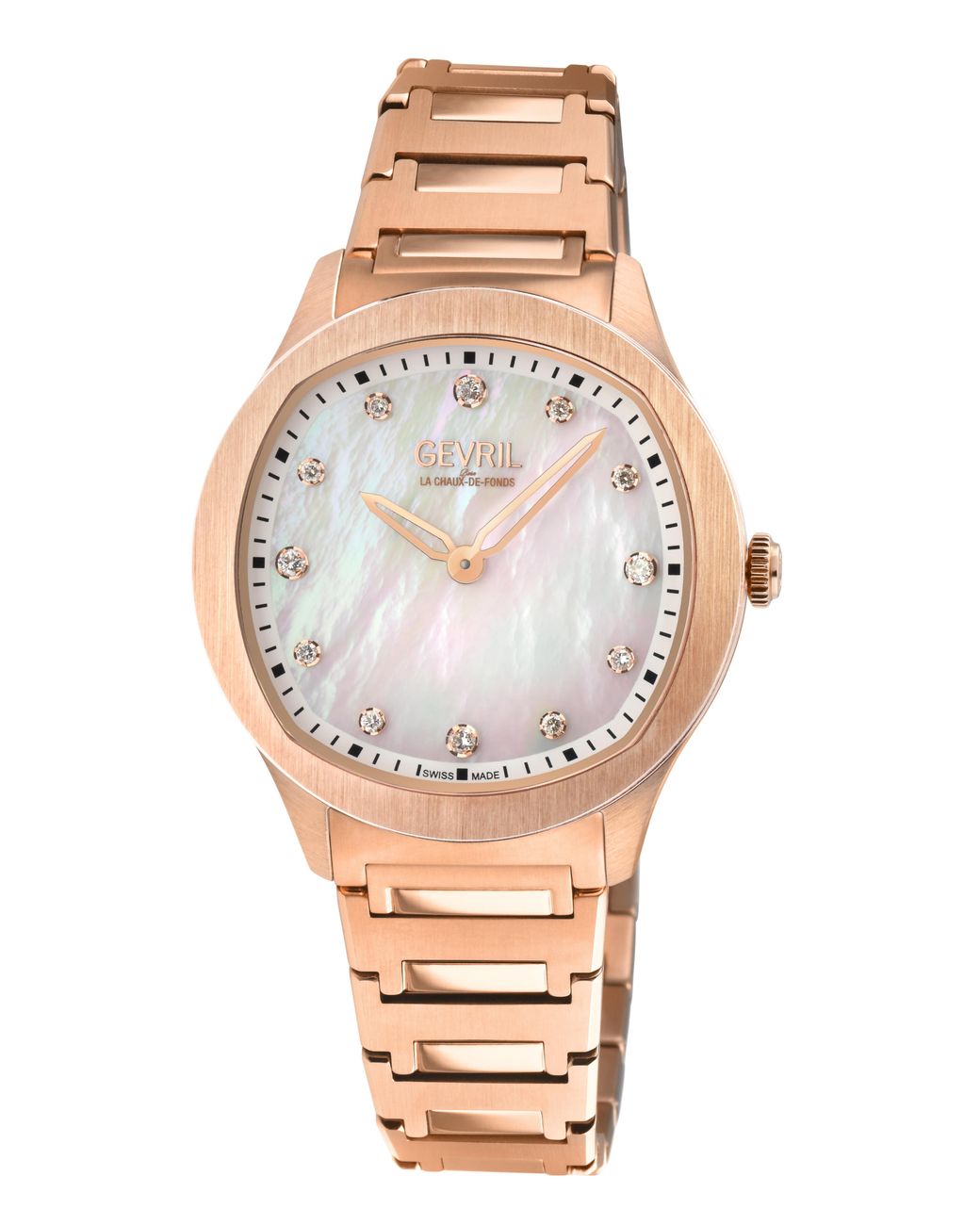 Gevril Metallic Morcote Swiss Diamond Watch, 316L Ss/Iprg Case, Mop, Ip Rose Bracelet