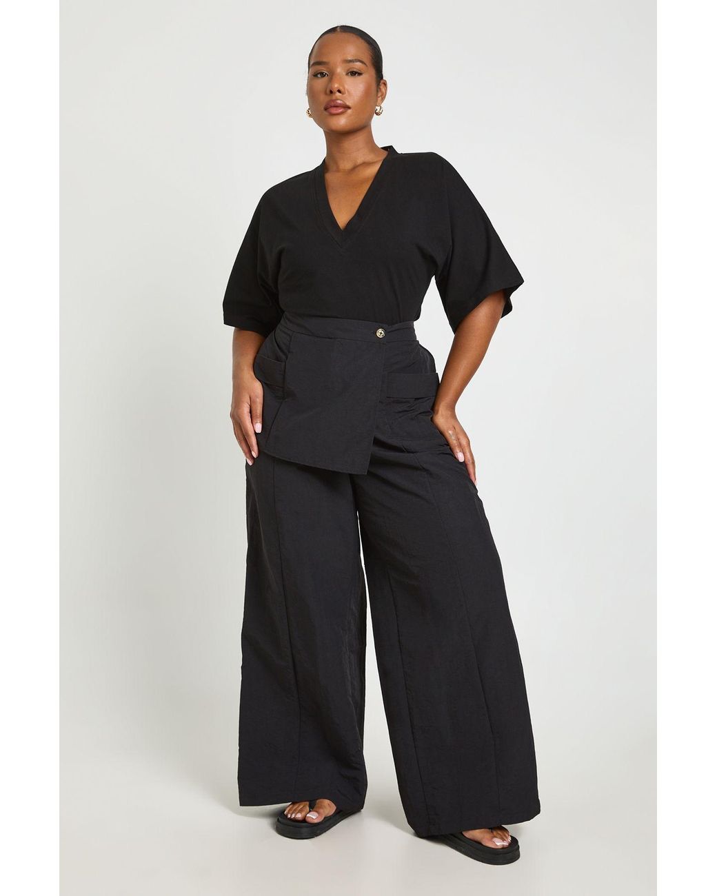 Boohoo Blue Plus Nylon Wide Leg Trouser With Overlay