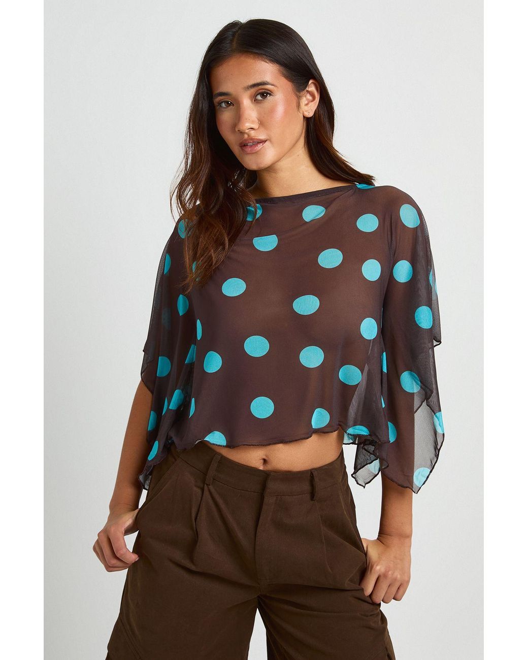 Boohoo Brown Polka Dot Mesh Cape Beach Top