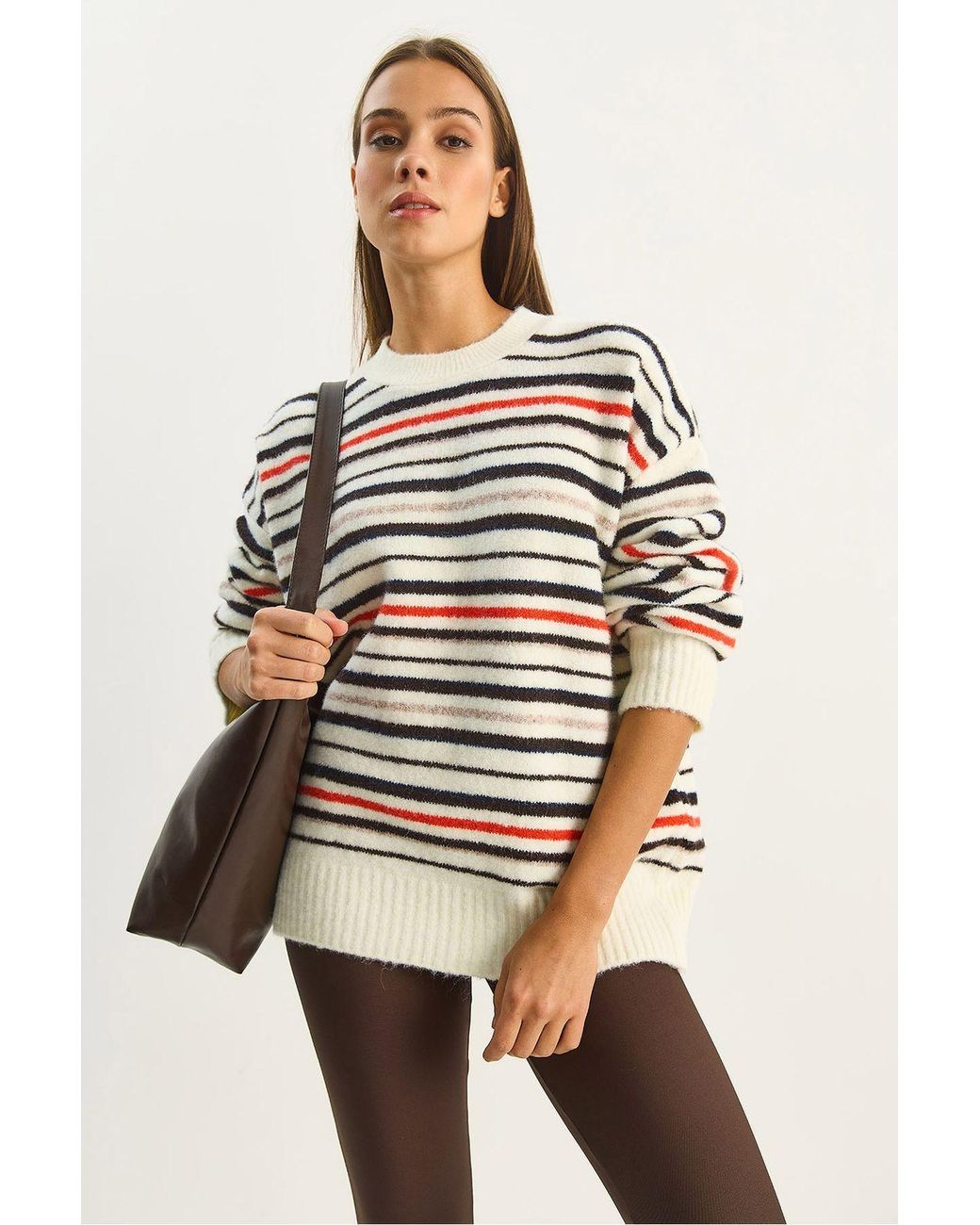 Bianco Lucci Natural Oversized Striped Knit Sweater