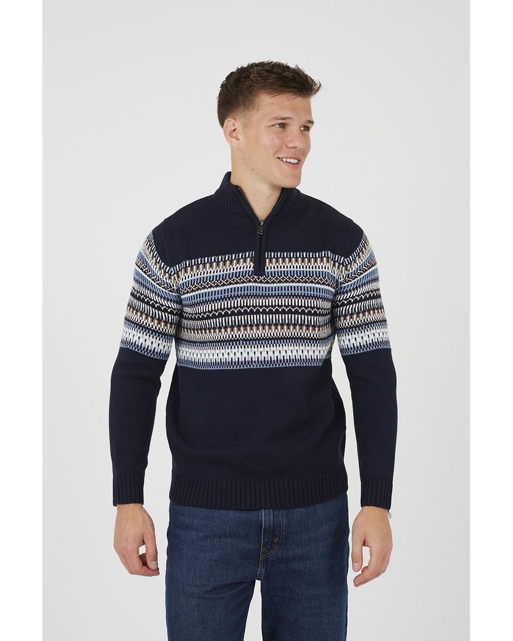 Brave Soul Blue Quarter Zip Fair Isle Jumper for men