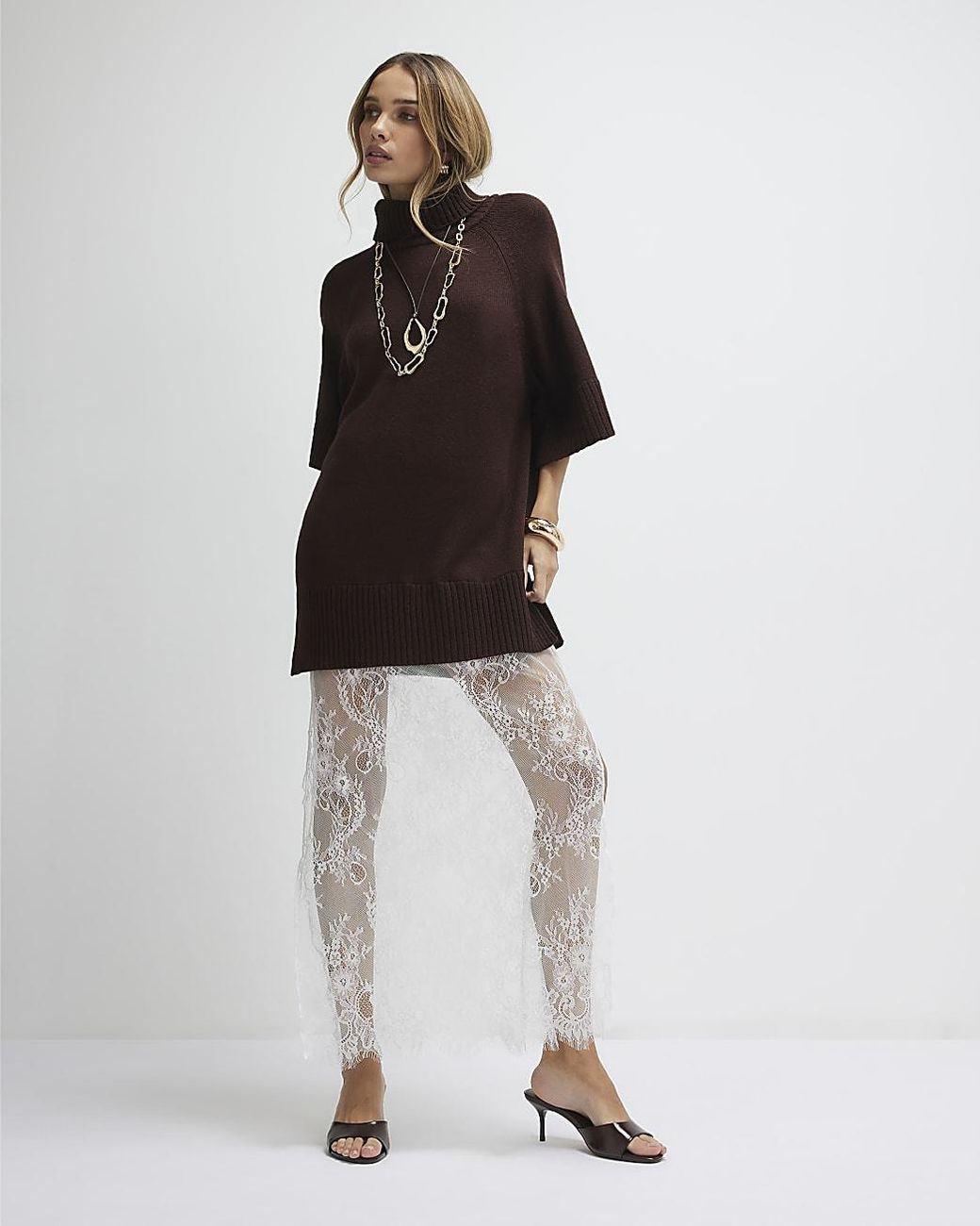 River Island White Midi Dress Hybrid Lace Hem Short Sleeve