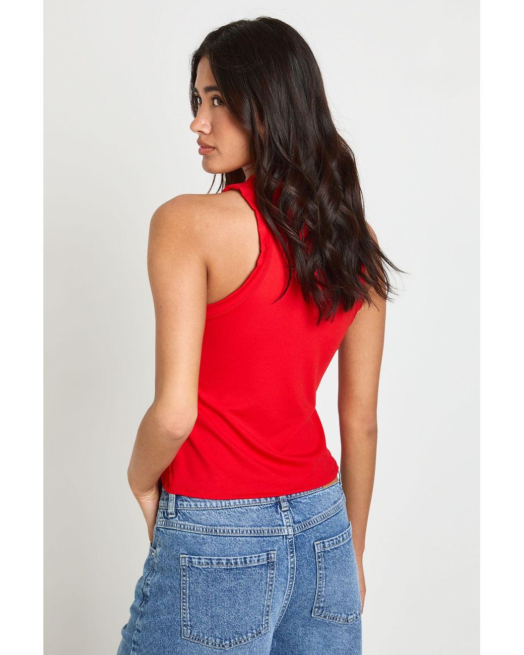Boohoo Red Matte Slinky Super Soft High Racer Neck Vest