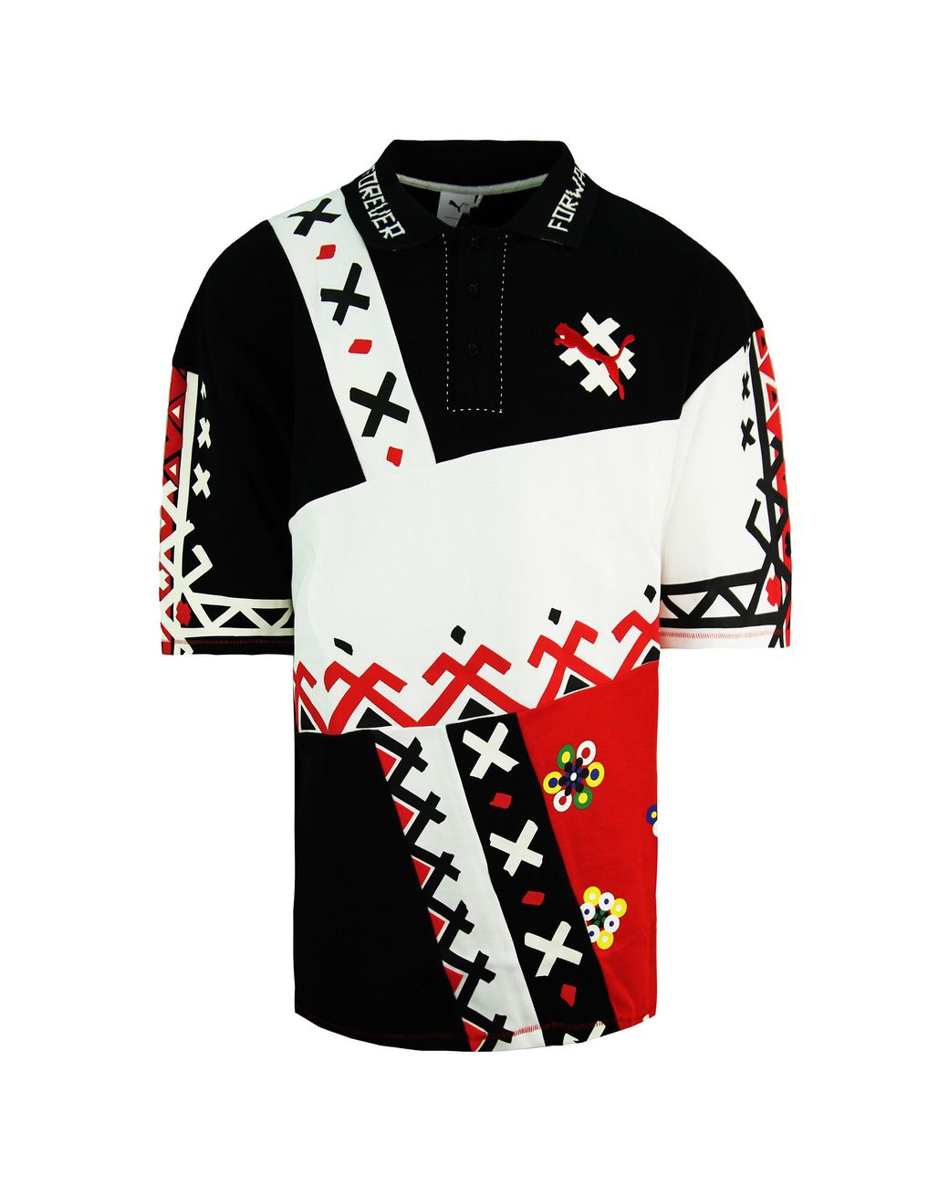 PUMA Black X Jahnkoy Graphic Print All Over Short Sleeve Polo Shirt 596683 47 for men