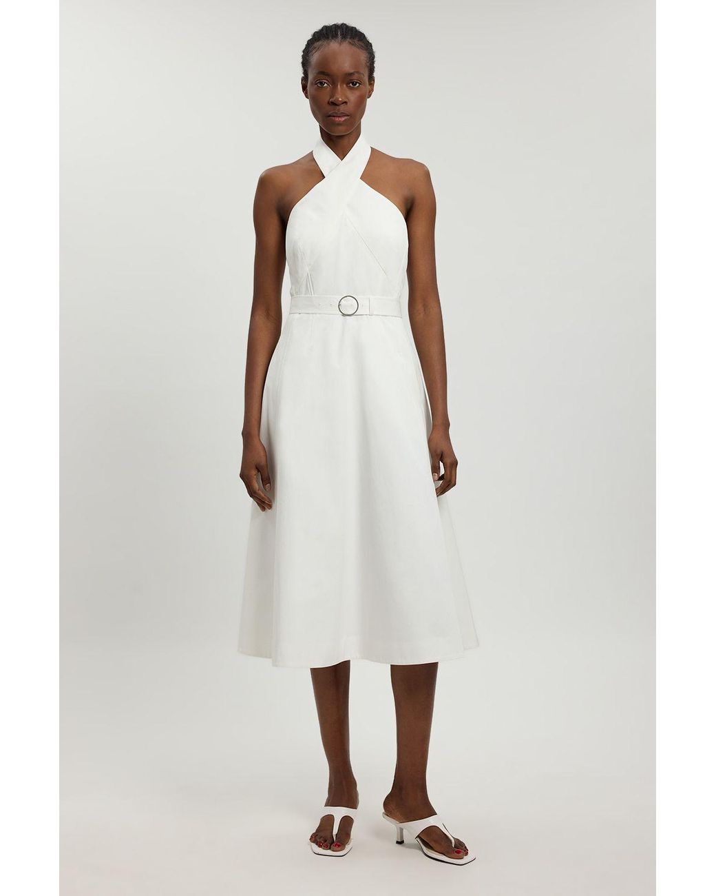 Karen Millen White Petite Tailored Cotton Sateen Pencil Belted Midi Dress