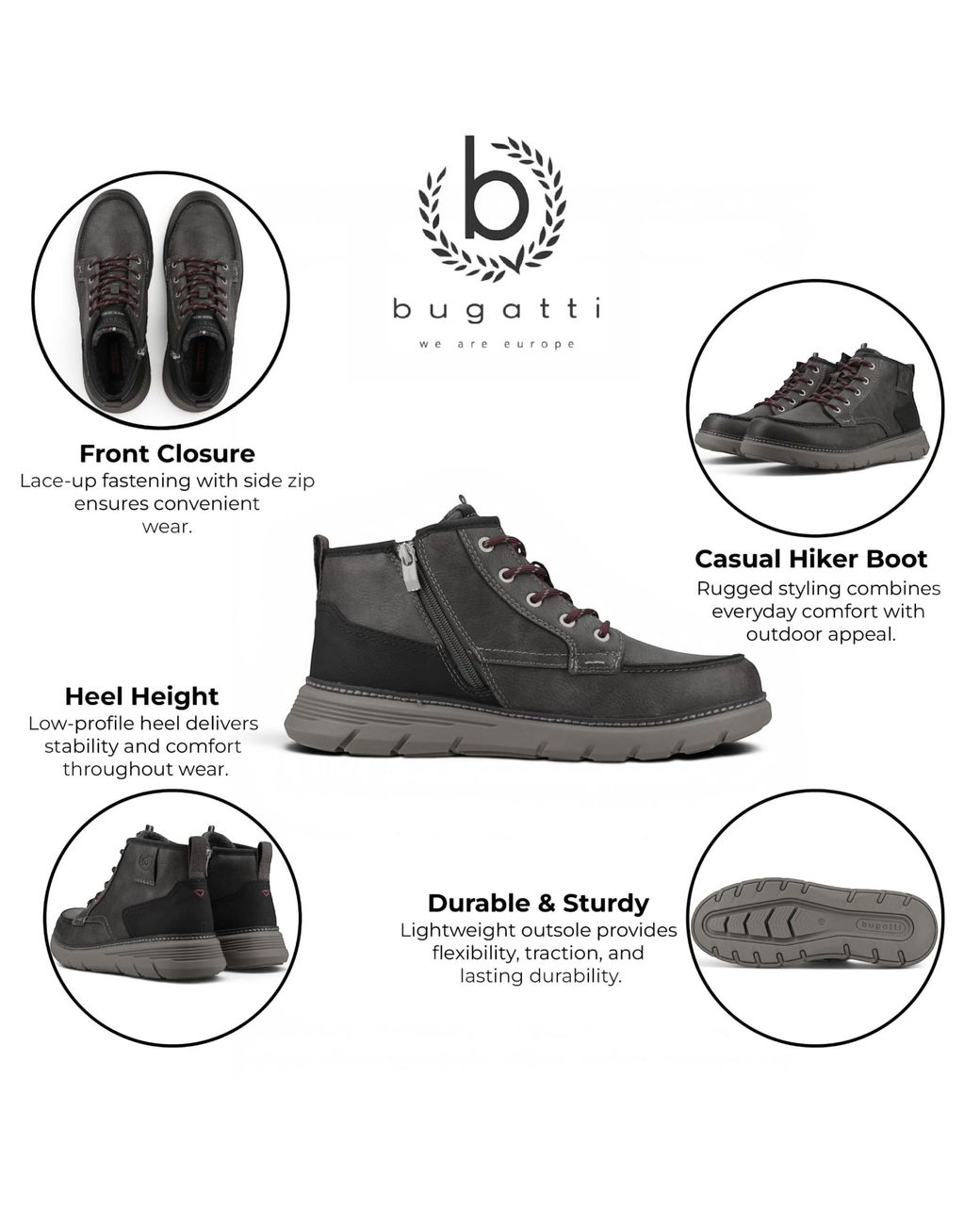 Bugatti Black Leather Lace-Up Casual Ankle Boots for men