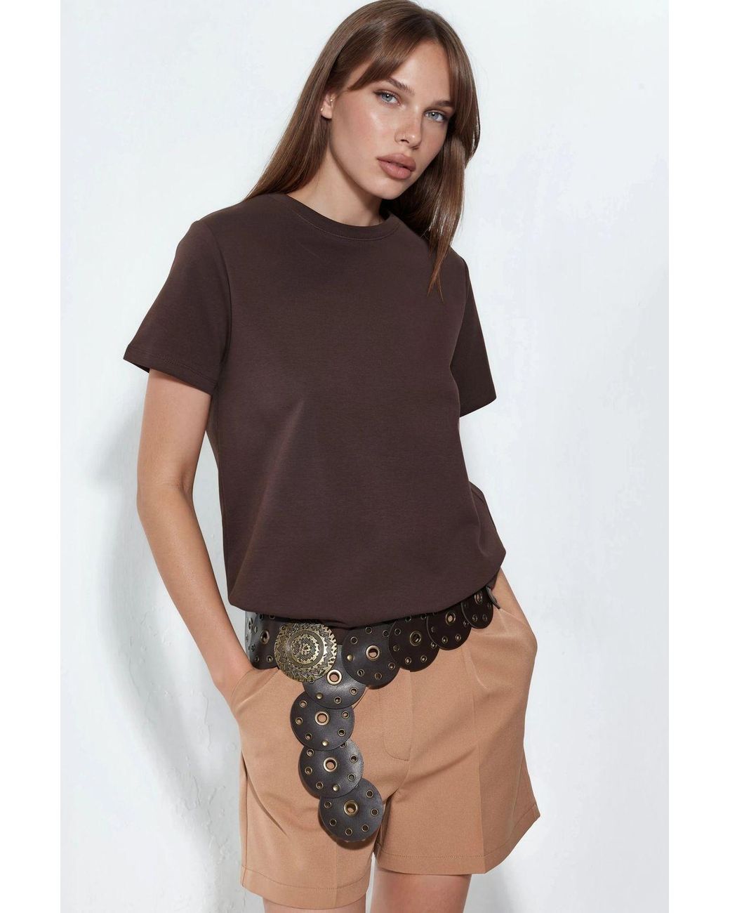 Busem Brown Plain Crew Neck T-Shirt